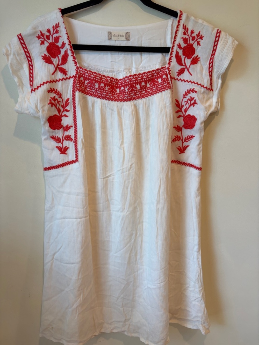 White Gauze Tunic Dress with Red Floral Embroidery